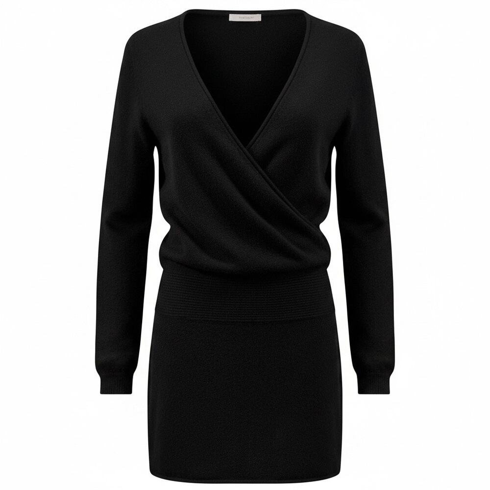Aqua Black 100% Cashmere Mini Sweater Dress Black Long Sleeve Luxury Old Money
